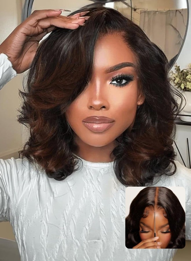 Nadula Balayage Brown Short Bob Glueless Wig Human Hair Loose Wave Chestnut Brown 13x4 HD Lace Front Wig Pre Plucked, Pre Cut Lace, Bleached Knots, Ready to Wear 150% Density 12 inch - Image 1